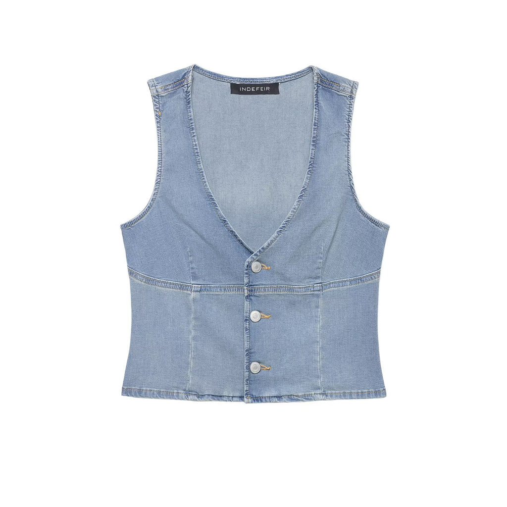 Light Blue Denim Look Sleeveless Vest Top Slim Fit Women