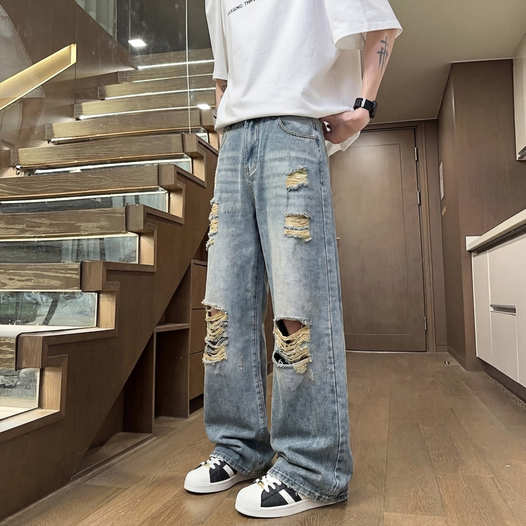 Men Distressed Ripped Jeans Loose Fit Cotton Denim Long