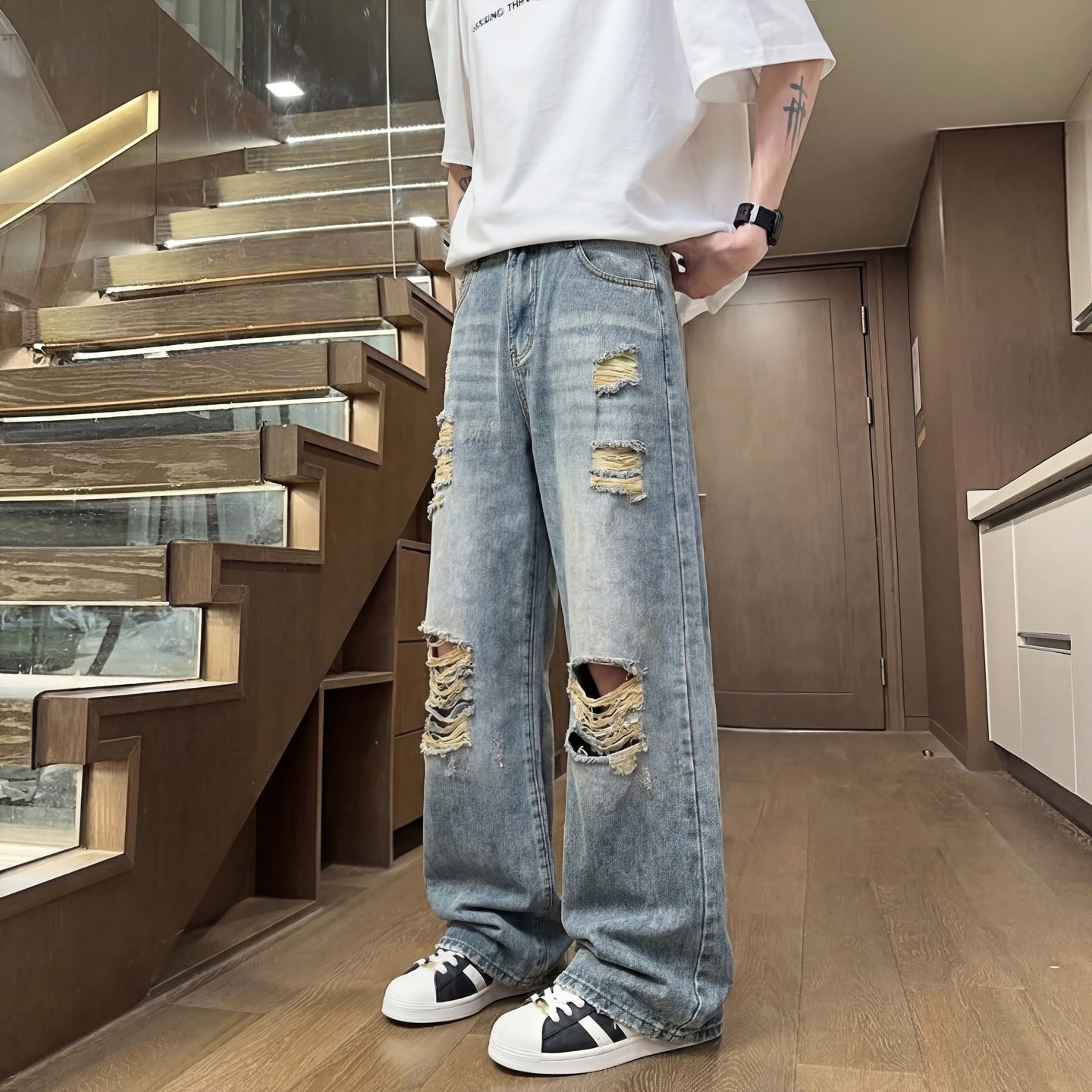 Men Distressed Ripped Jeans Loose Fit Cotton Denim Long