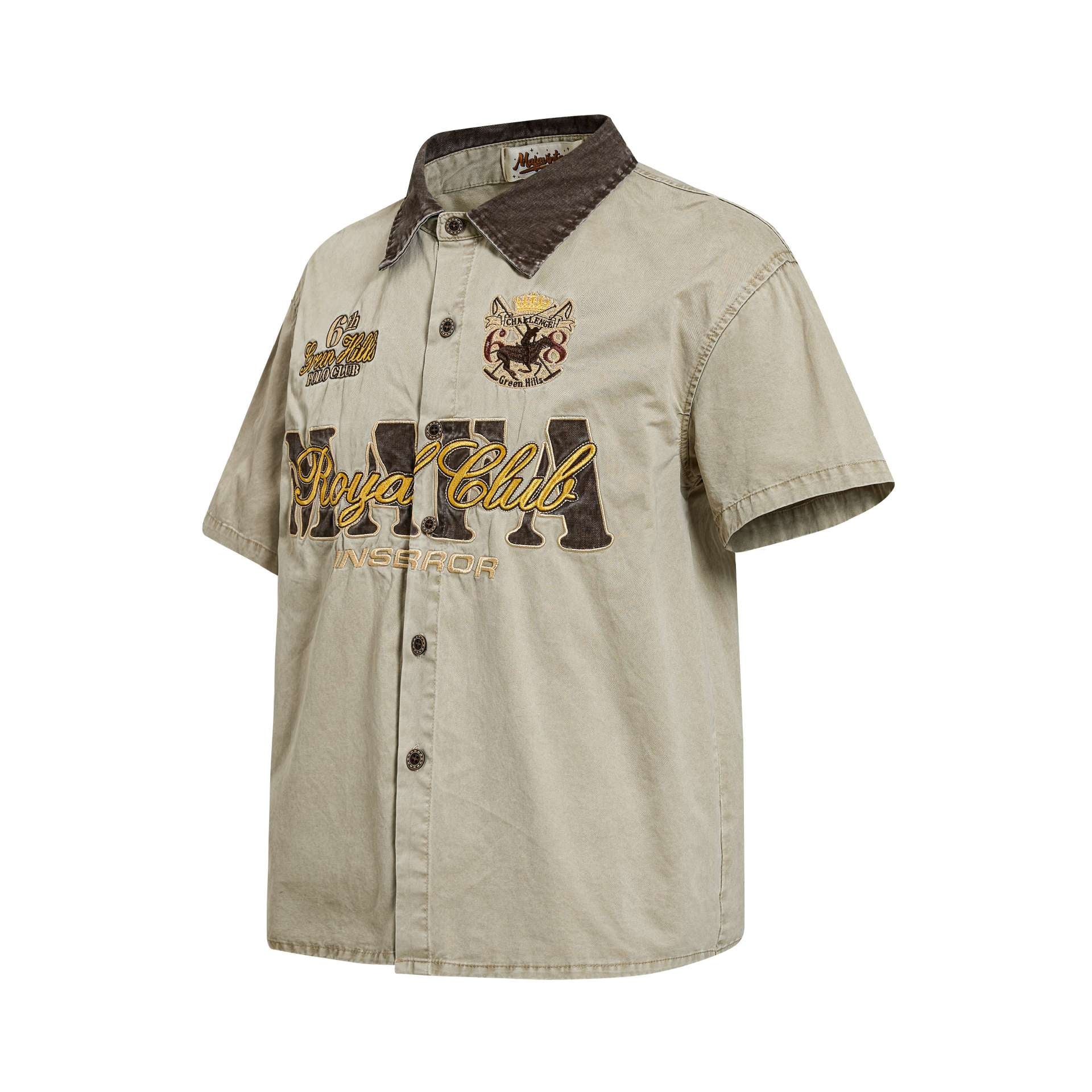 Khaki Emblem Embroidered Short Sleeve Cotton Shirt Loose Fit