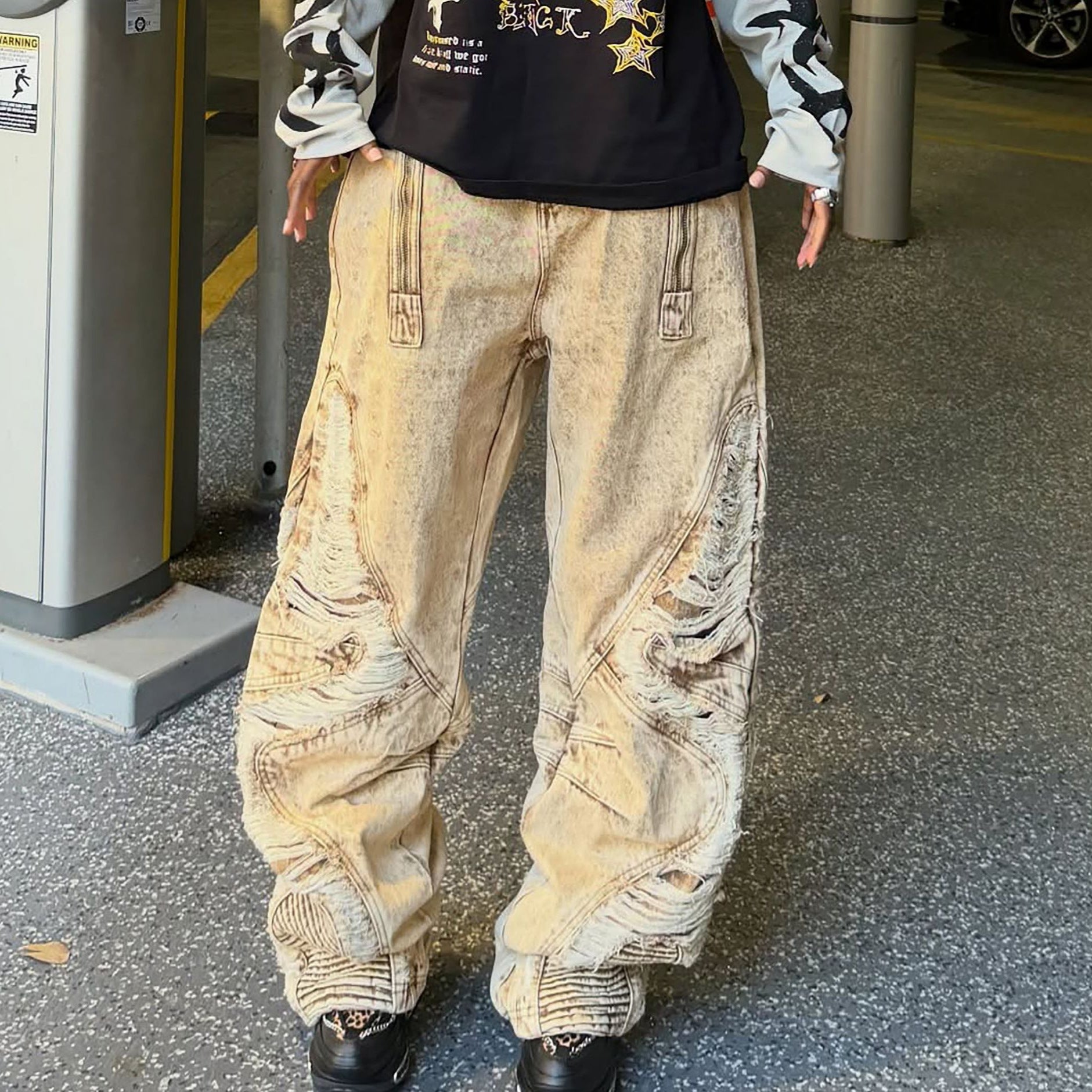 Heavily Distressed Irregular Ripped Jeans With Knife Edge Details In Brown Denim