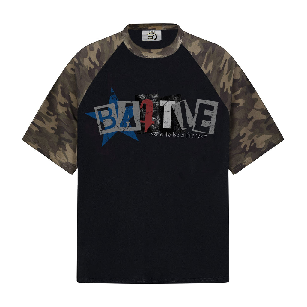Alphabet Print Camouflage Cotton Loose Fit T Shirt Round Neck Short Sleeve