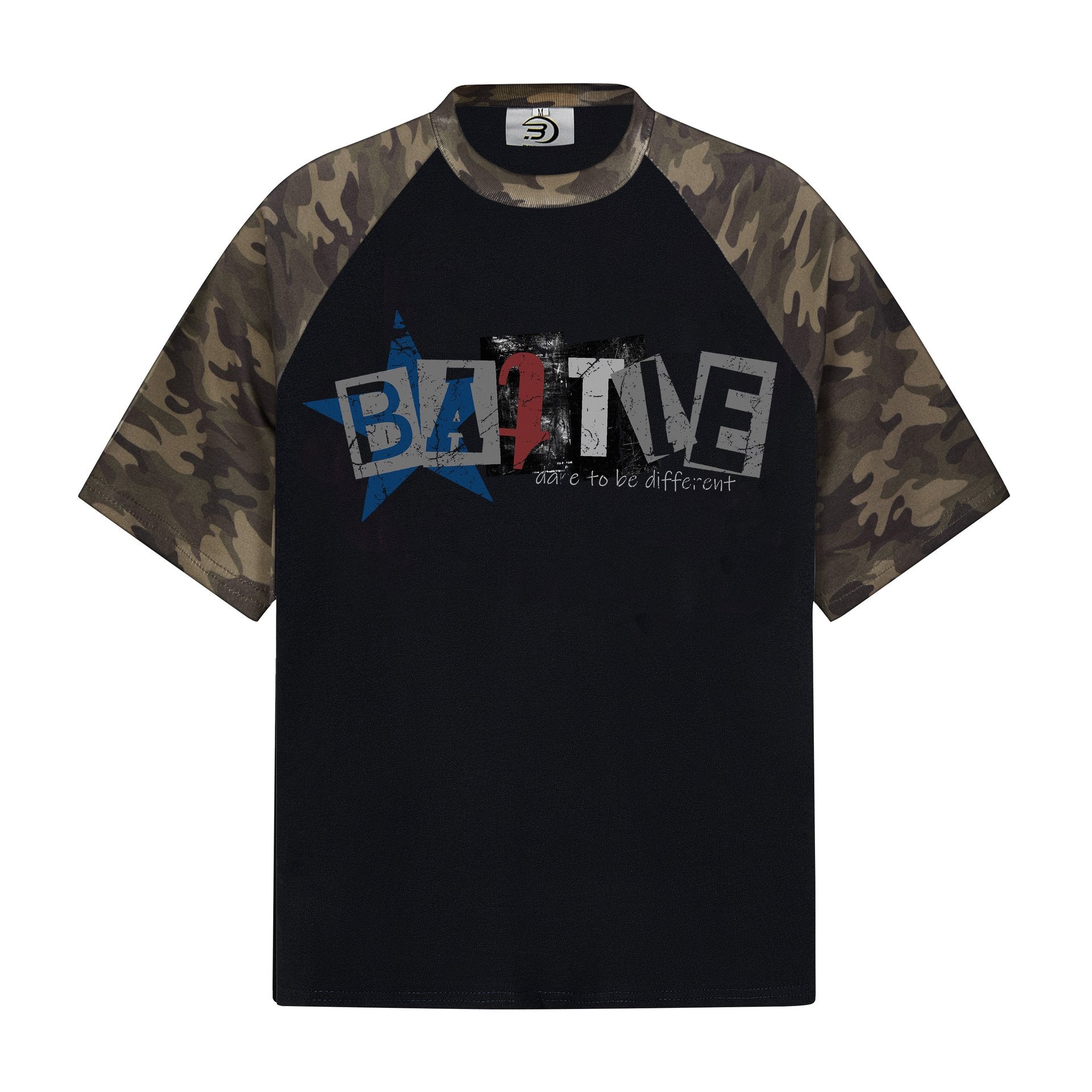 Alphabet Print Camouflage Cotton Loose Fit T Shirt Round Neck Short Sleeve