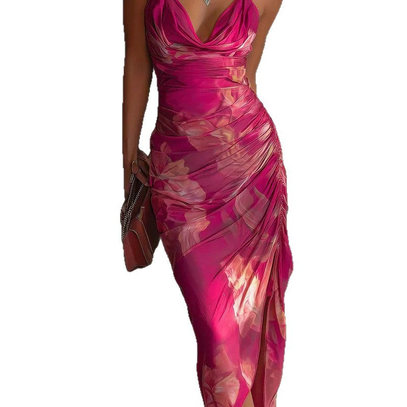 Backless Halter Printed Geometric Midi Dress With High Slit