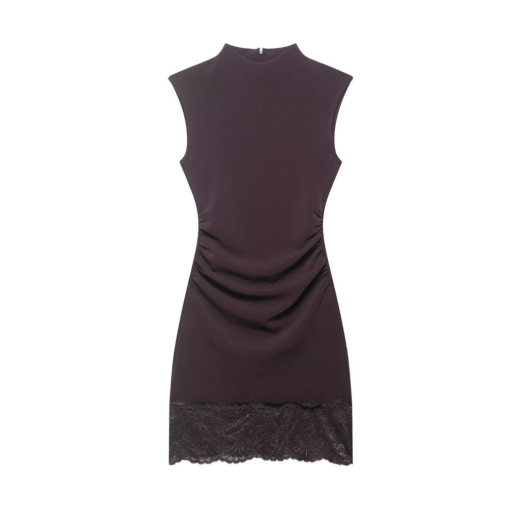 Commuting Style Elastic Lace Short Dress Sleeveless Stand Collar Casual
