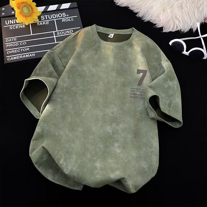 Men Retro Casual Short Sleeve T Shirt Round Neck Loose Fit Digital Pattern