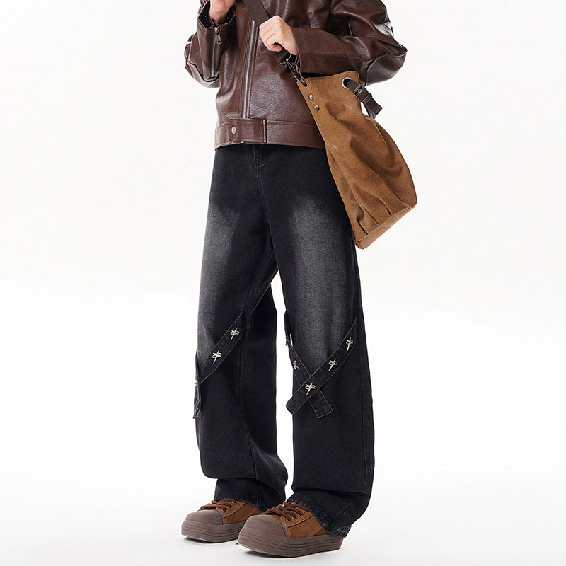 Relaxed Straight Leg Cotton Denim Jeans For Men Long Pants