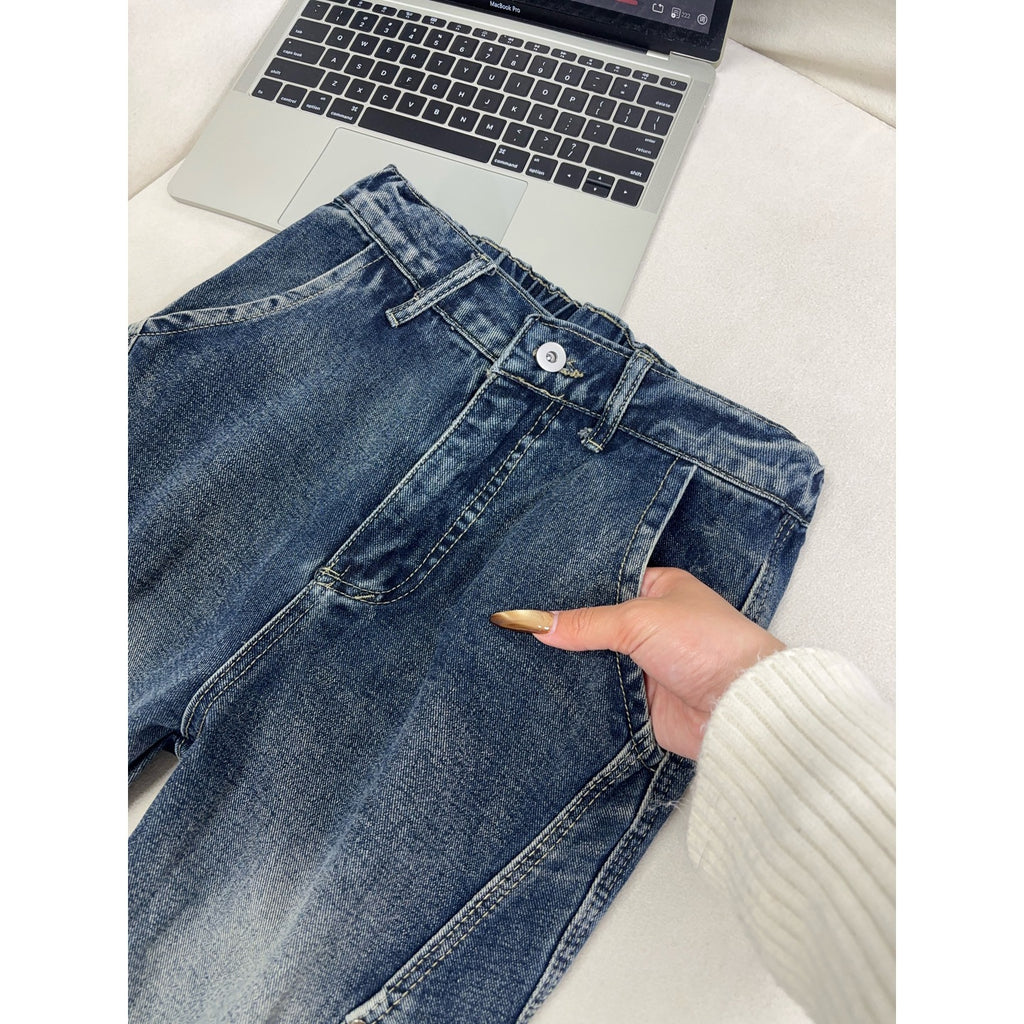 Mens Lightning Pattern Washed Denim Pants Straight Leg Jeans