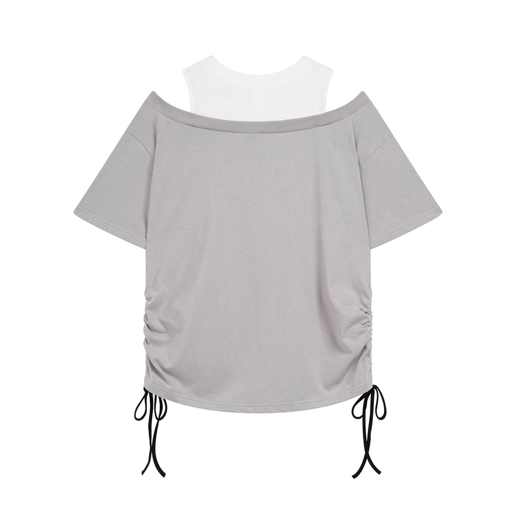 Graffiti Print Off Shoulder T Shirt Women Drawstring Geometric Short Sleeve
