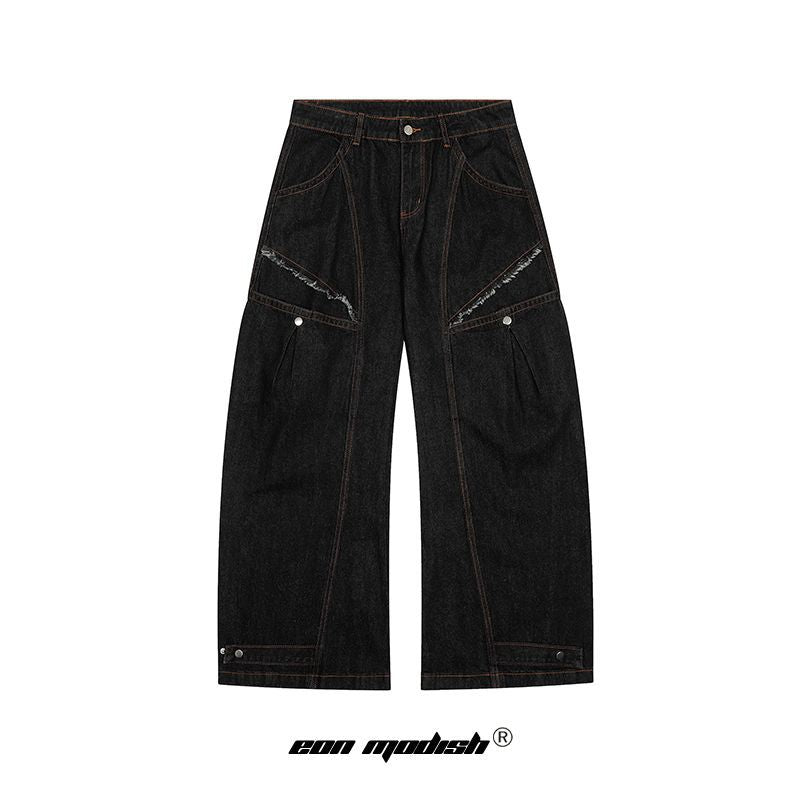 Black Denim Tapered Long Pants For Men With Unique Street Style