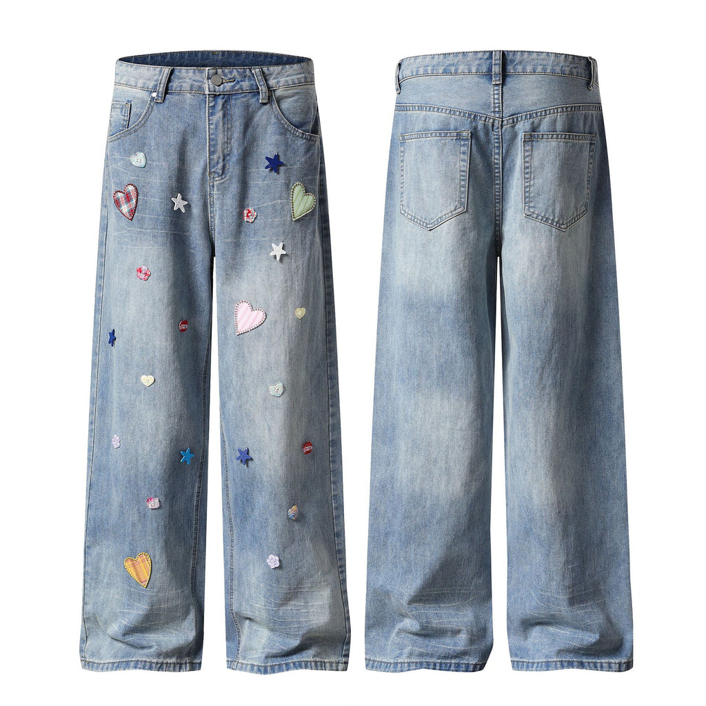 Patchwork Denim Jeans Loose Straight Leg Long Pants For Casual Streetwear