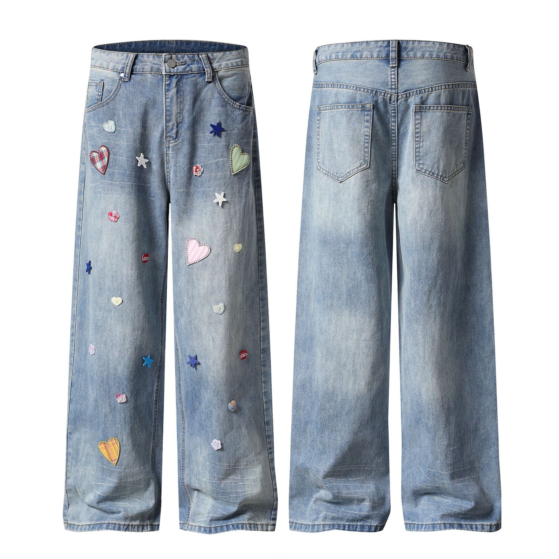 Patchwork Denim Jeans Loose Straight Leg Long Pants For Casual Streetwear