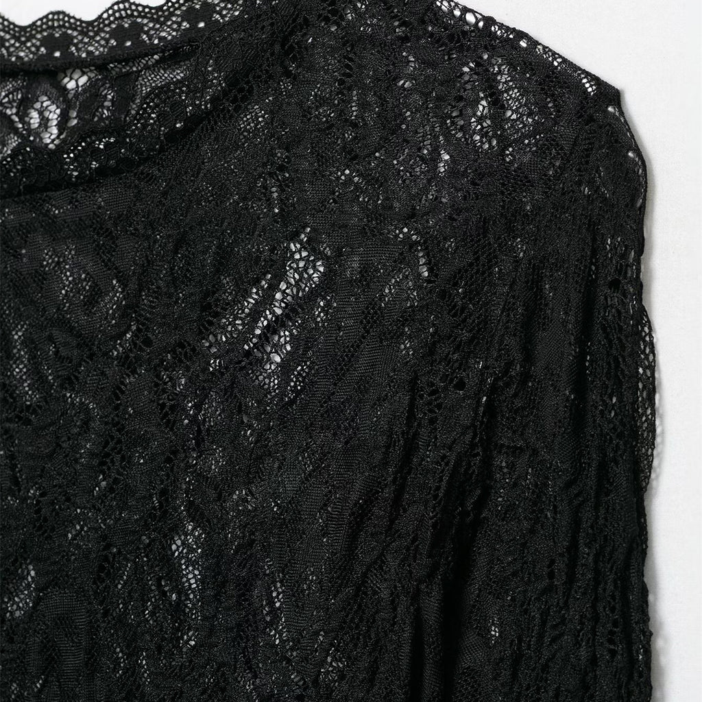 Slim Fit Lace Long Sleeve Top for Women Black Round Neck