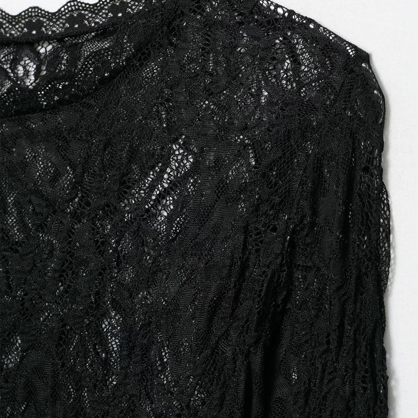 Slim Fit Lace Long Sleeve Top for Women Black Round Neck