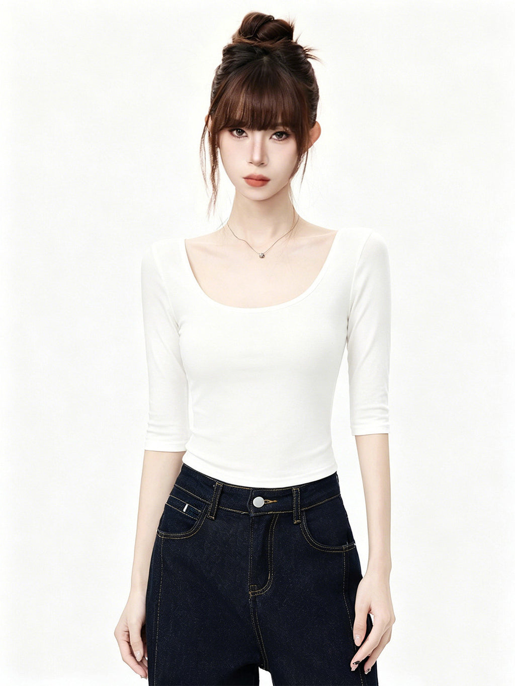 White Deep U Neck Slim Fit T Shirt For Women Mid Sleeve Top