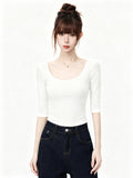 White Deep U Neck Slim Fit T Shirt For Women Mid Sleeve Top