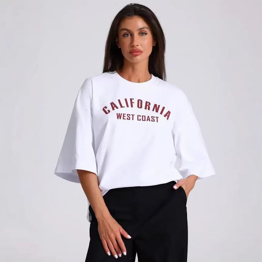 Letter Pattern Loose Fit Short Sleeve T Shirt For Women Cotton White