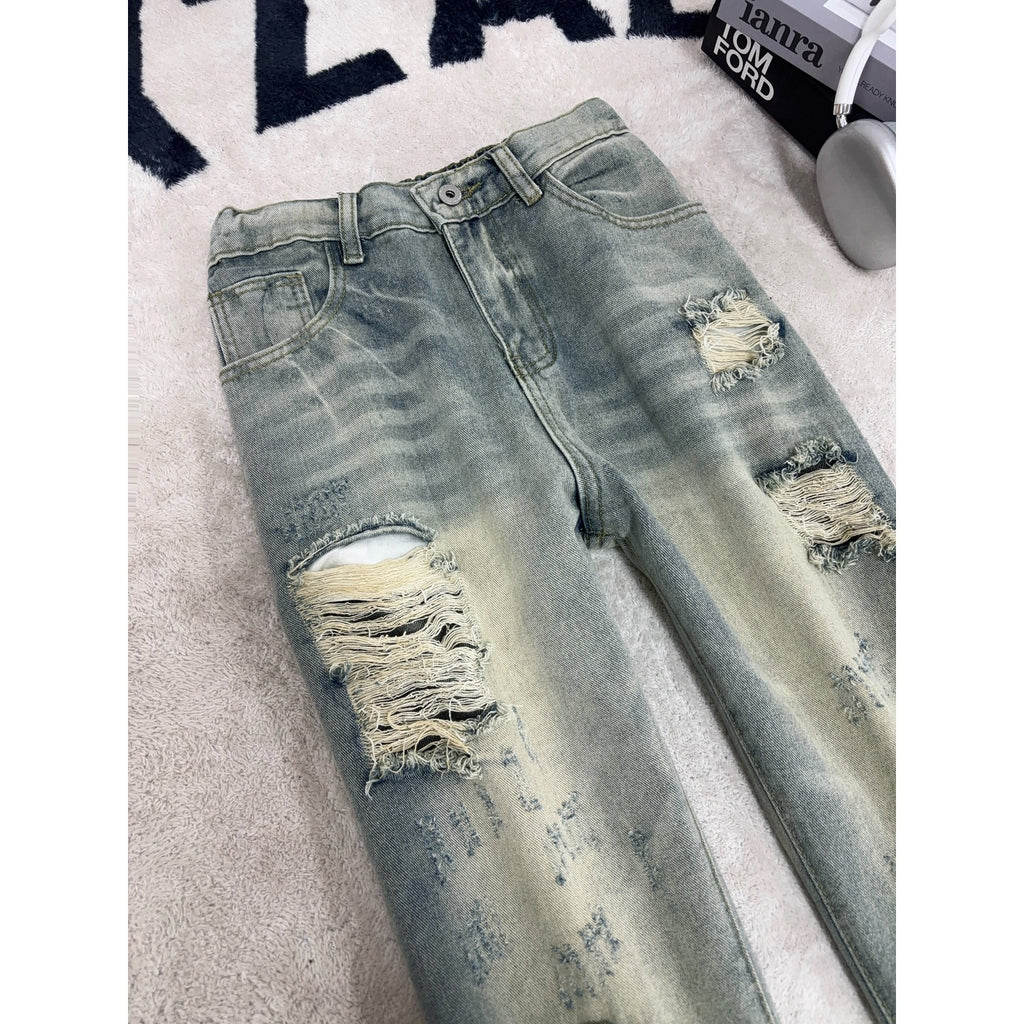Mens Ripped Denim Pants Vintage Loose Wide Leg Long Trousers