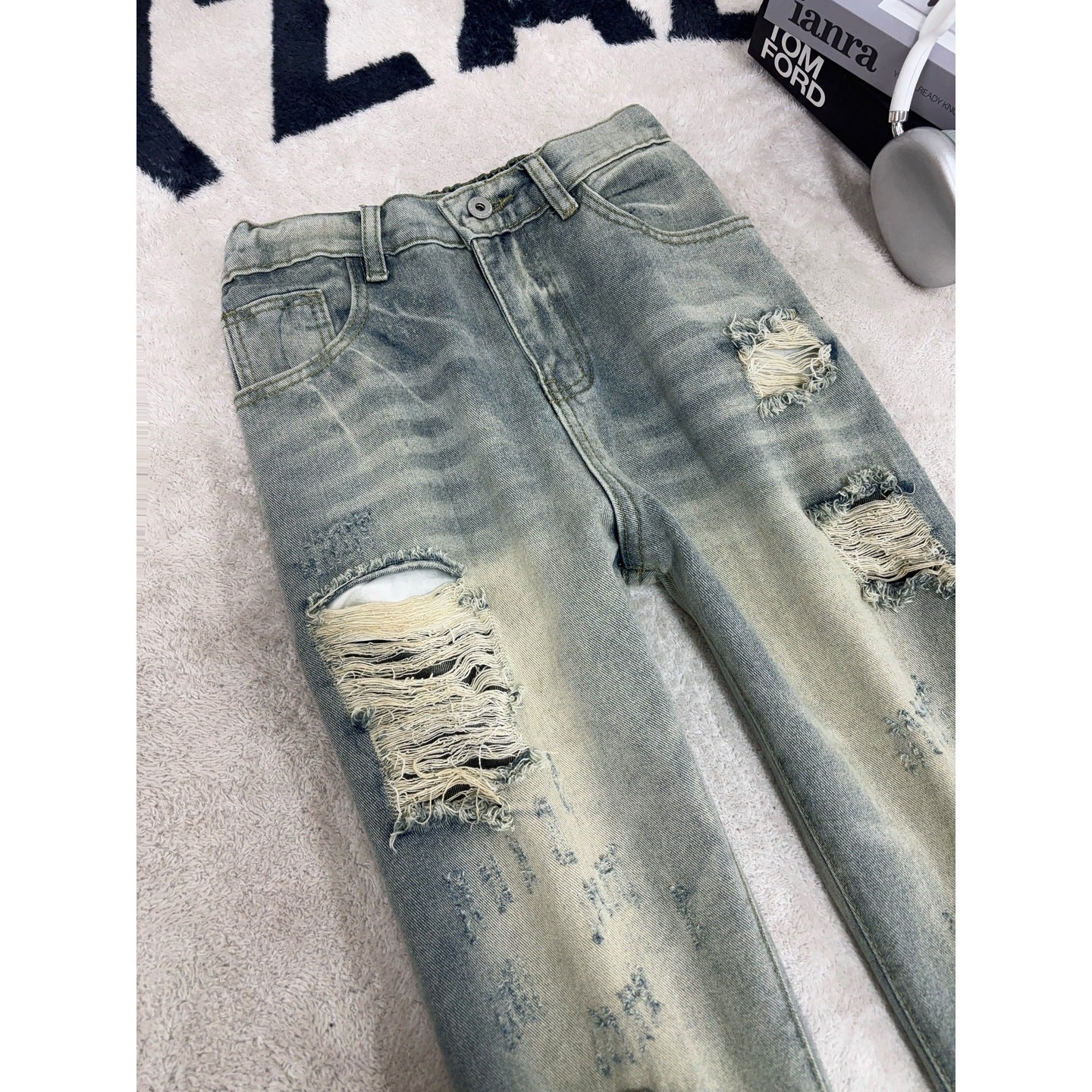 Mens Ripped Denim Pants Vintage Loose Wide Leg Long Trousers