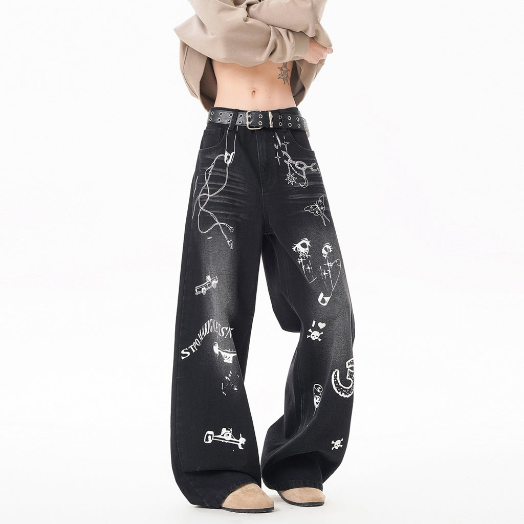 Vintage Graffiti Denim Pants Loose Fit Hip Hop Style