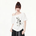 Women Loose Off Shoulder Top Animal Print Short Sleeve Cotton Spandex