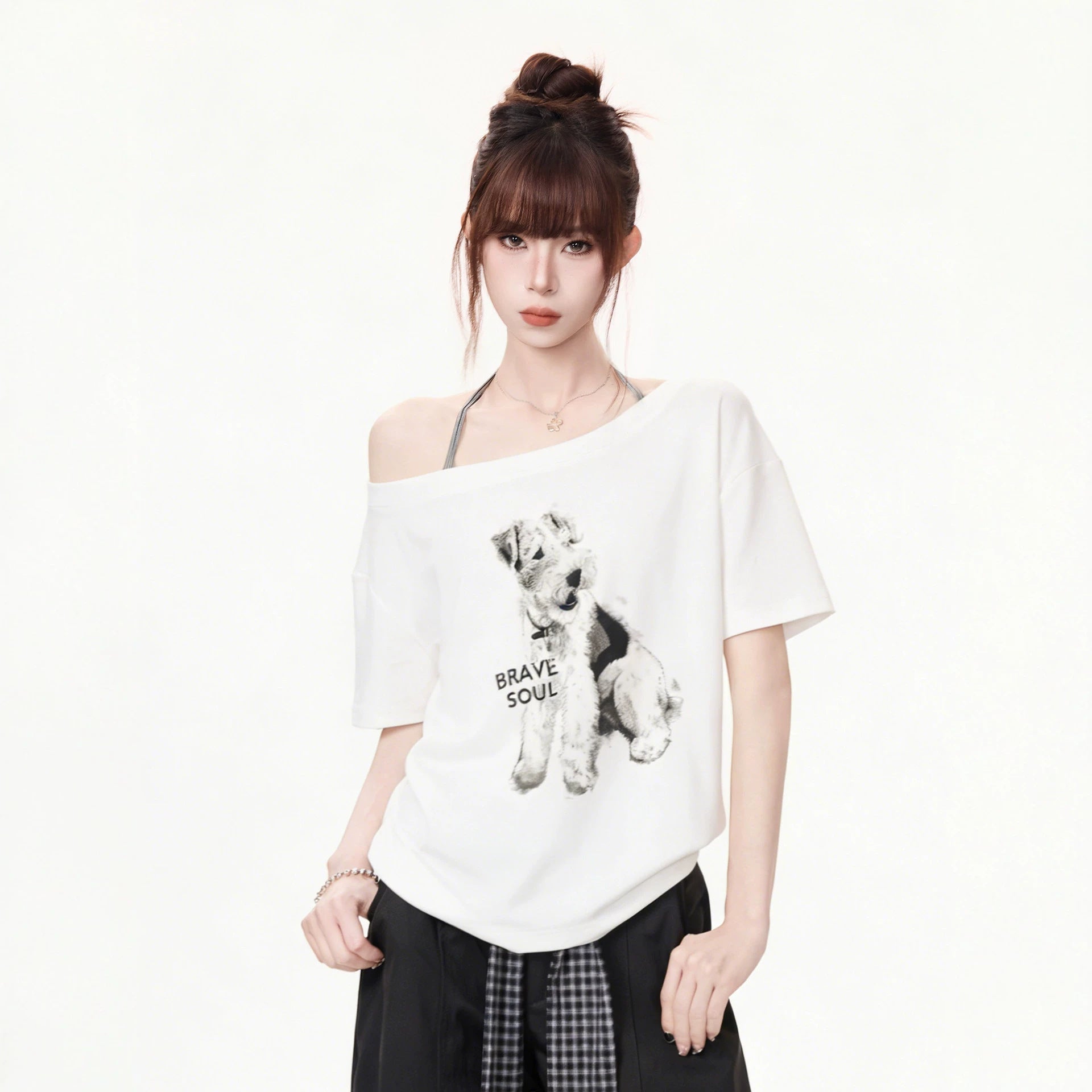 Women Loose Off Shoulder Top Animal Print Short Sleeve Cotton Spandex