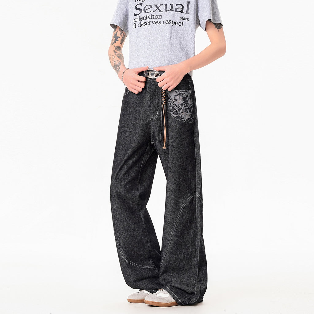 Mens Wide Leg Jeans Black Cotton Denim Streetwear Embroidered Loose Fit