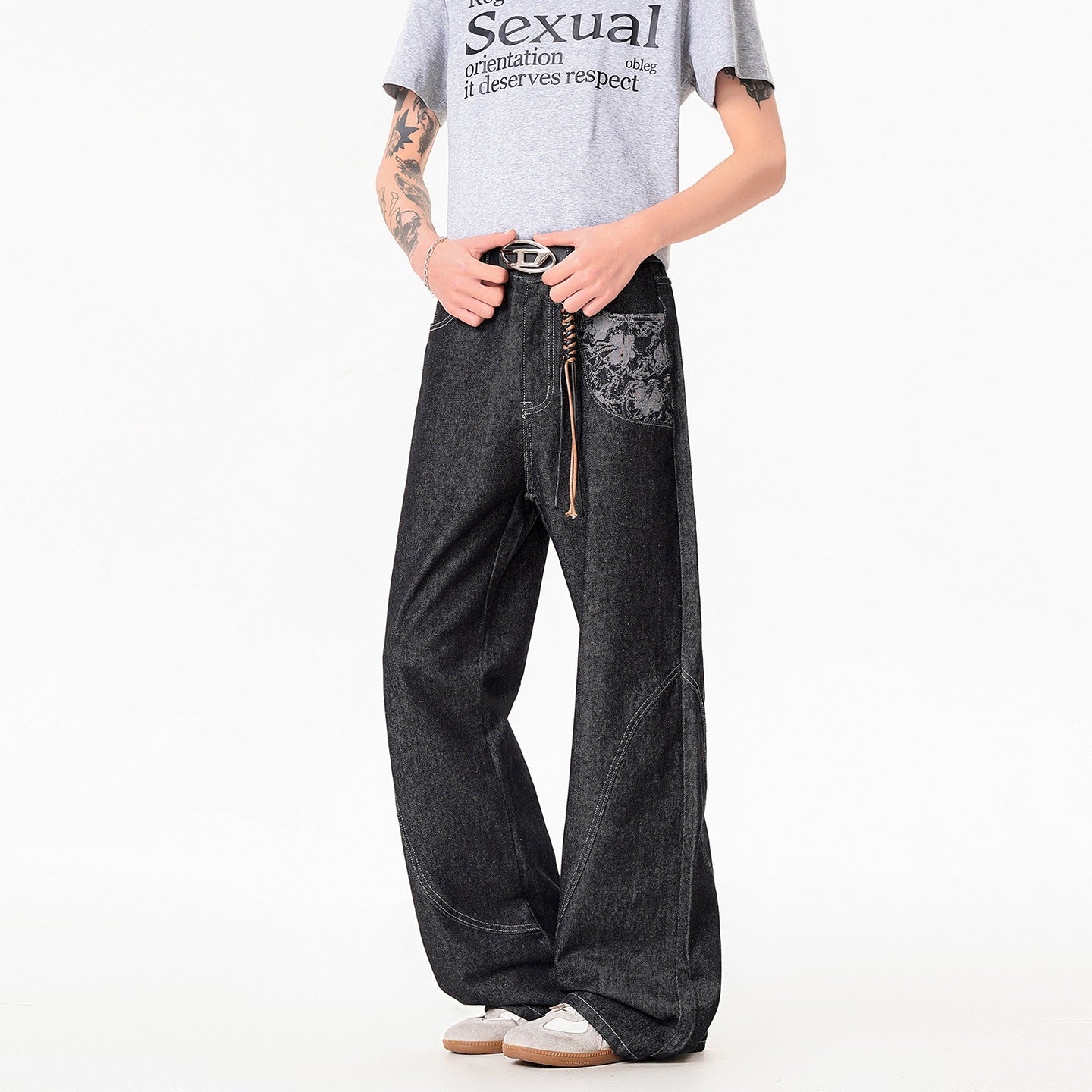 Mens Wide Leg Jeans Black Cotton Denim Streetwear Embroidered Loose Fit