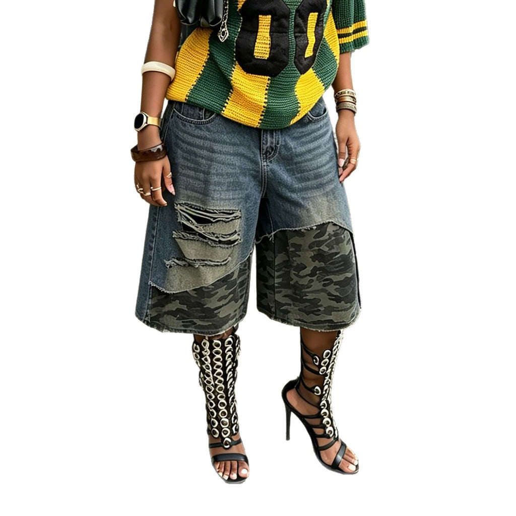 Street Style Camouflage Patchwork Ripped Denim Shorts Seven Eighths Length