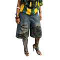 Street Style Camouflage Patchwork Ripped Denim Shorts Seven Eighths Length