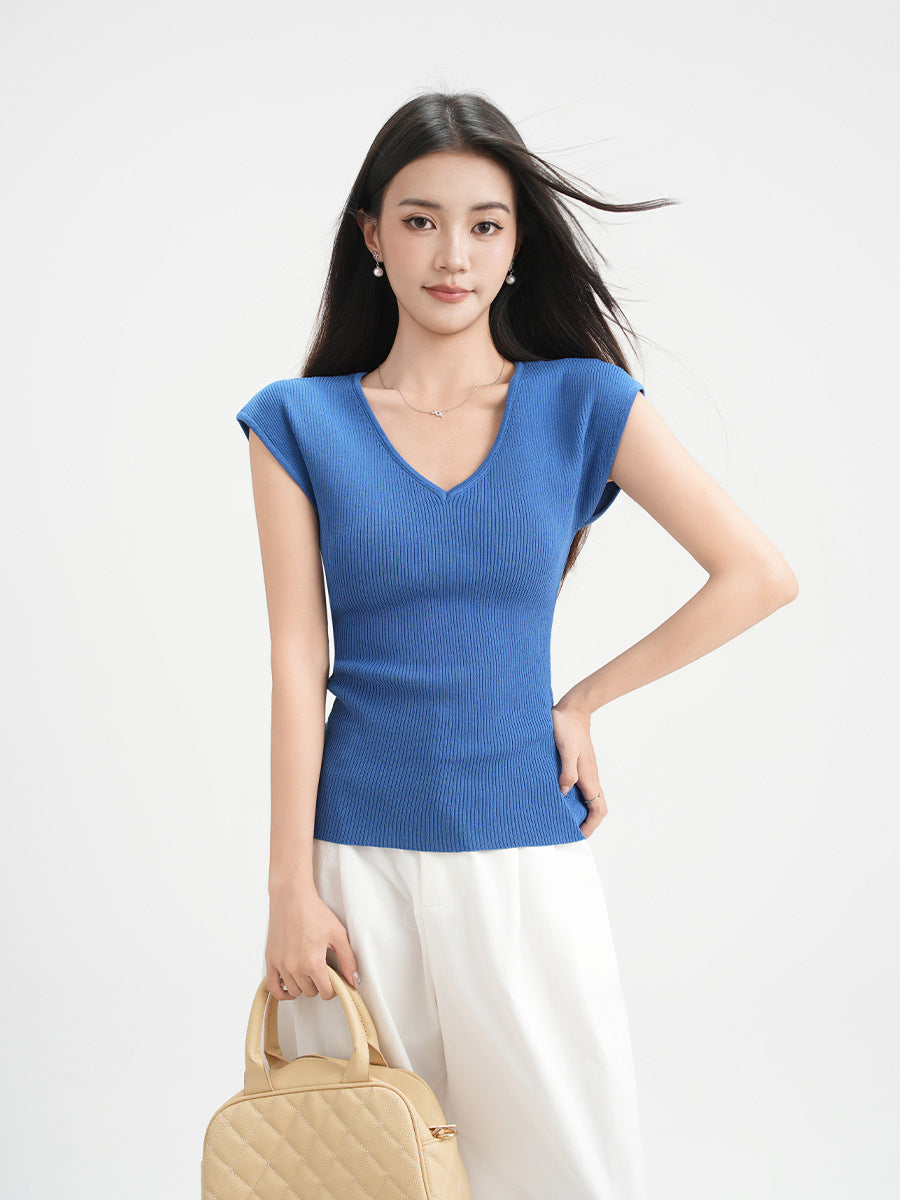 Dark Blue V Neck Knit Sheer T Shirt For Women Lightweight Three Quarter Sleeve
