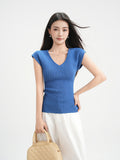 Dark Blue V Neck Knit Sheer T Shirt For Women Lightweight Three Quarter Sleeve