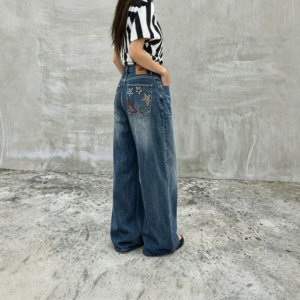 Street Style Patchwork Star Embroidered Distressed Straight Leg Jeans Blue