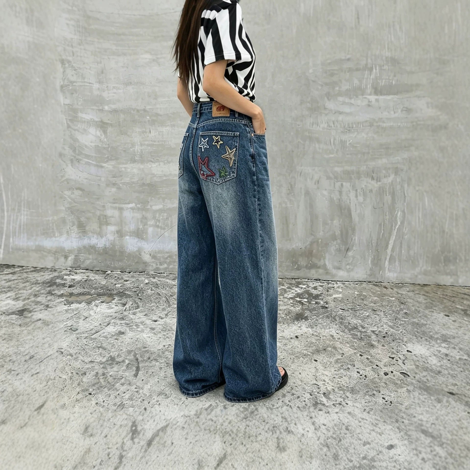 Street Style Patchwork Star Embroidered Distressed Straight Leg Jeans Blue