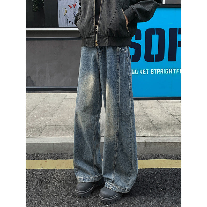 Vintage Blue Cutoff Denim Pants for Men With Straight Leg Mid Waist Zipper Fly