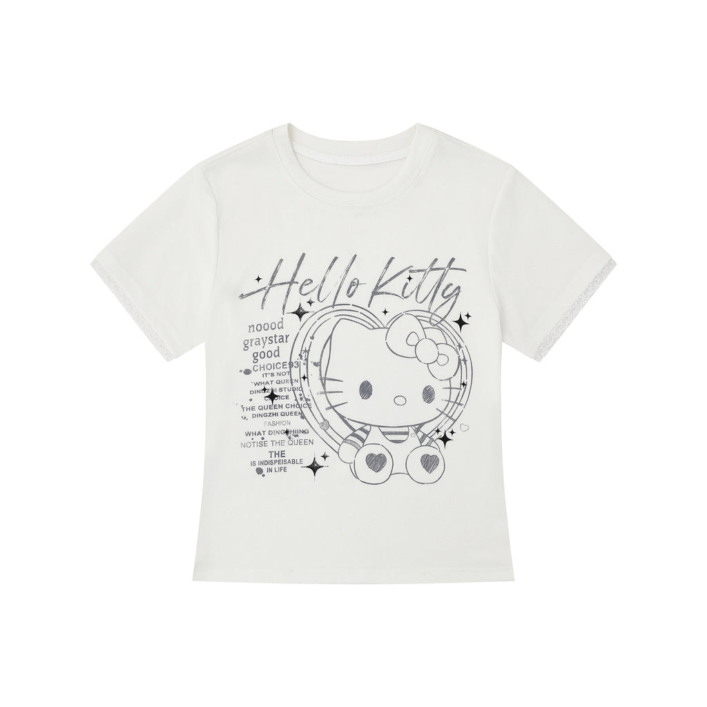 Glitter Print Hooded Crop Top Tee for Women with Lace Cuff