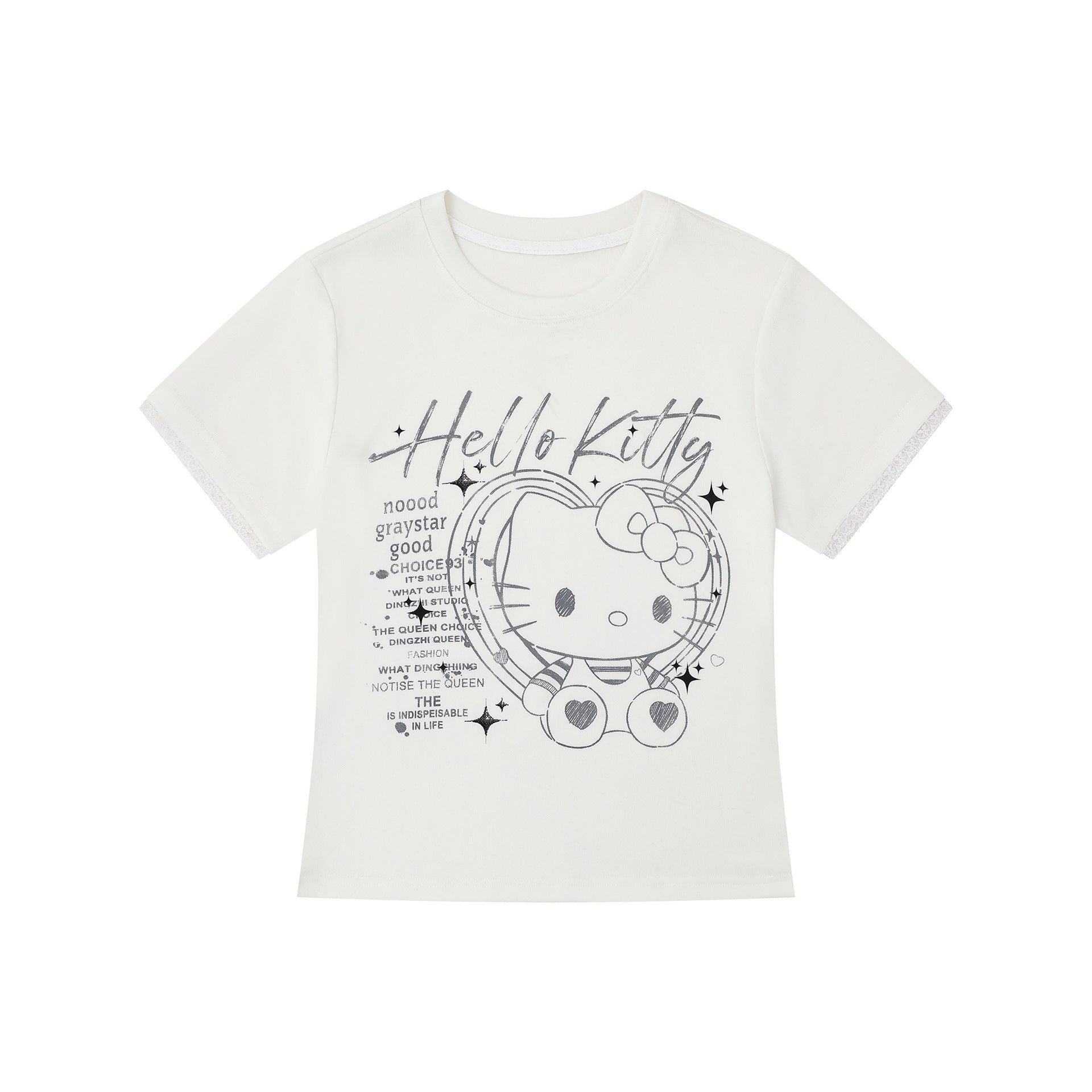 Glitter Print Hooded Crop Top Tee for Women with Lace Cuff