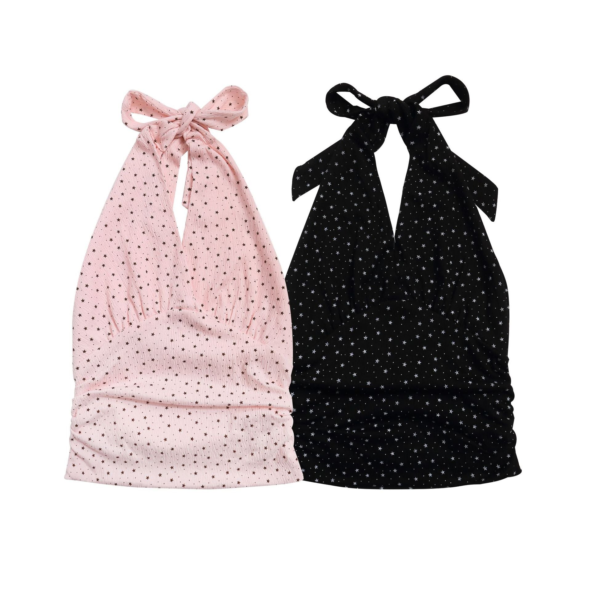 Star Print Halter Cropped Top Bowknot Pleated Waist Backless Blouse