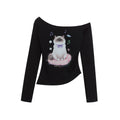 Print Halter Neck Off Shoulder Long Sleeve Crop Top Tee
