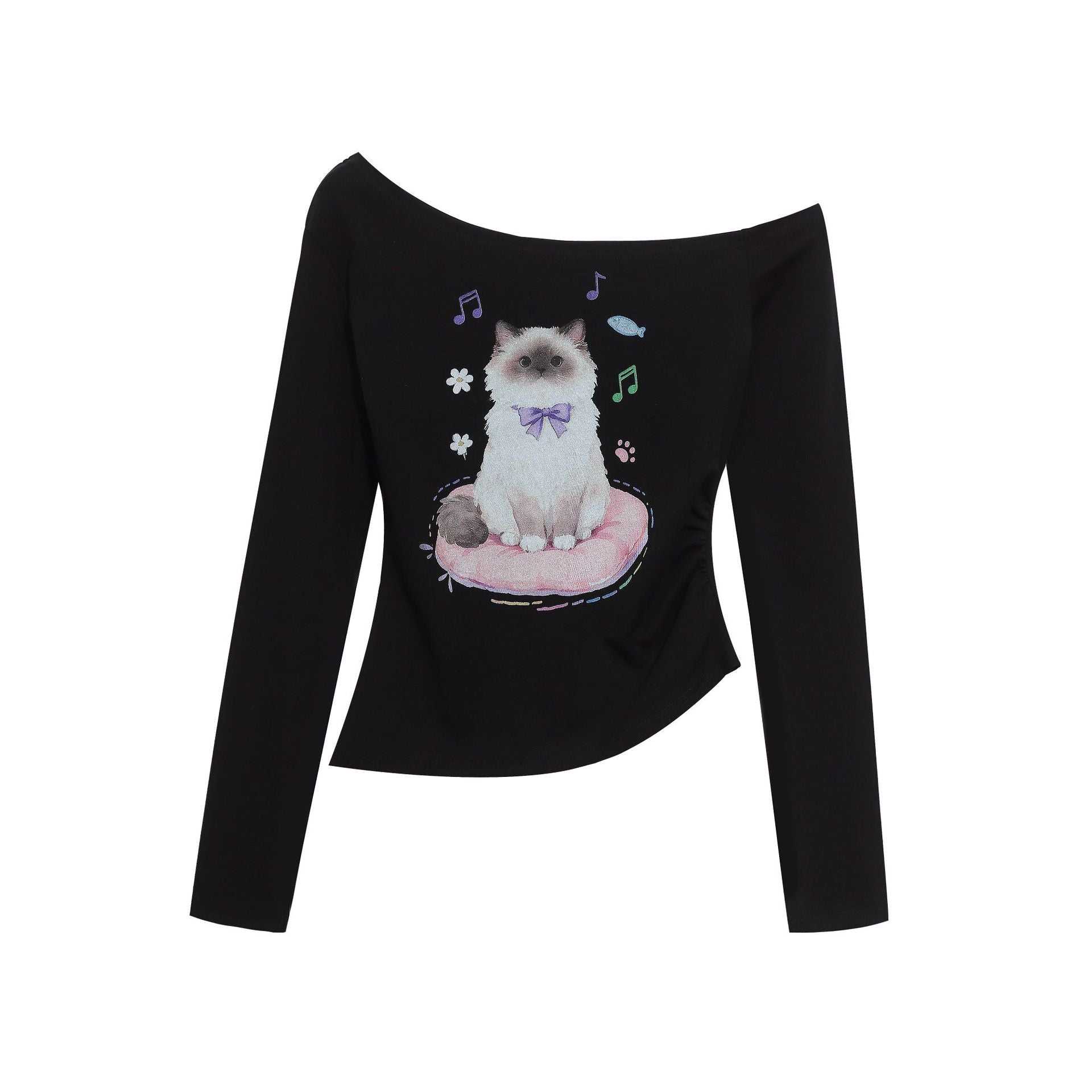 Print Halter Neck Off Shoulder Long Sleeve Crop Top Tee
