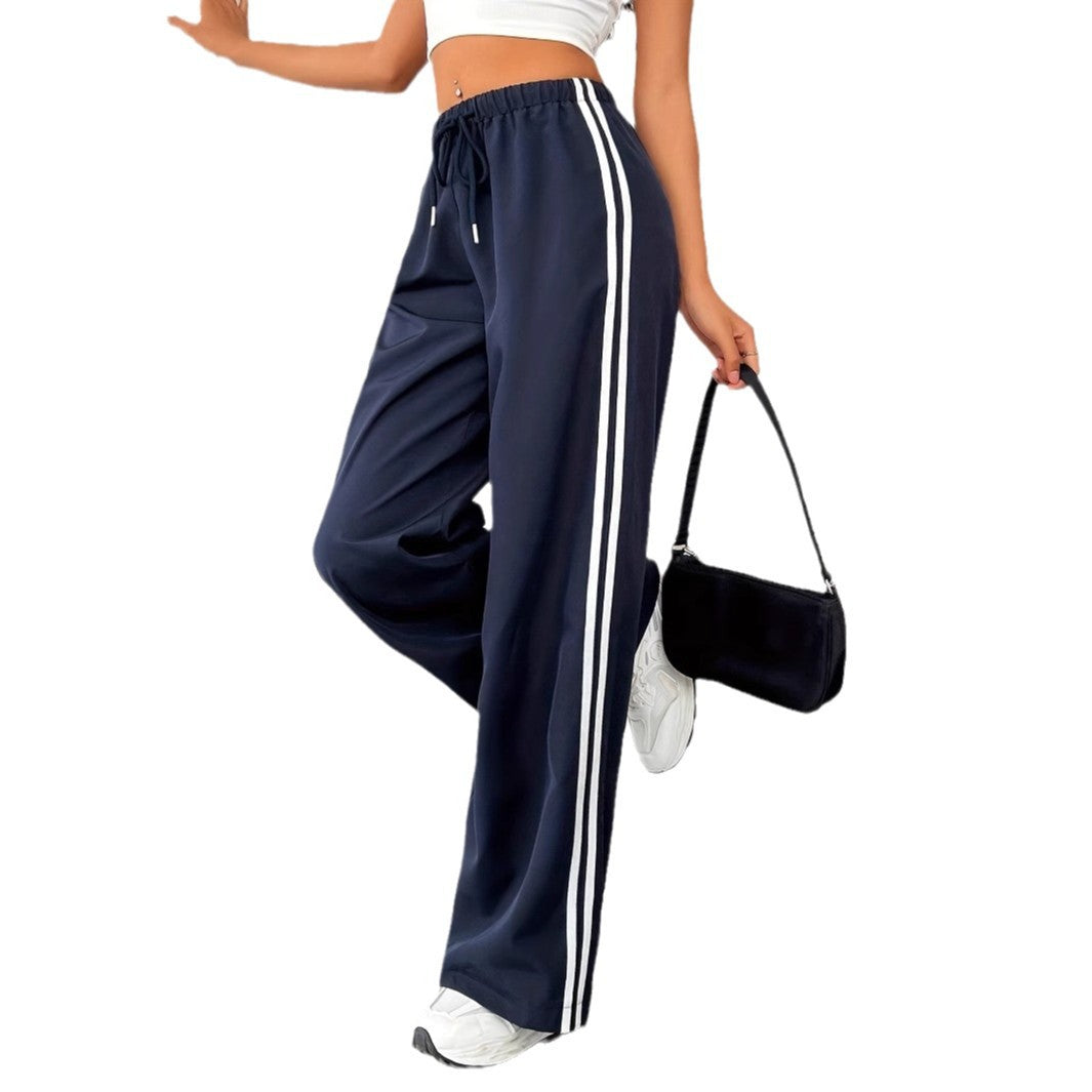 Dark Blue Striped Elastic High Waist Polyester Pants For Women Casual Long