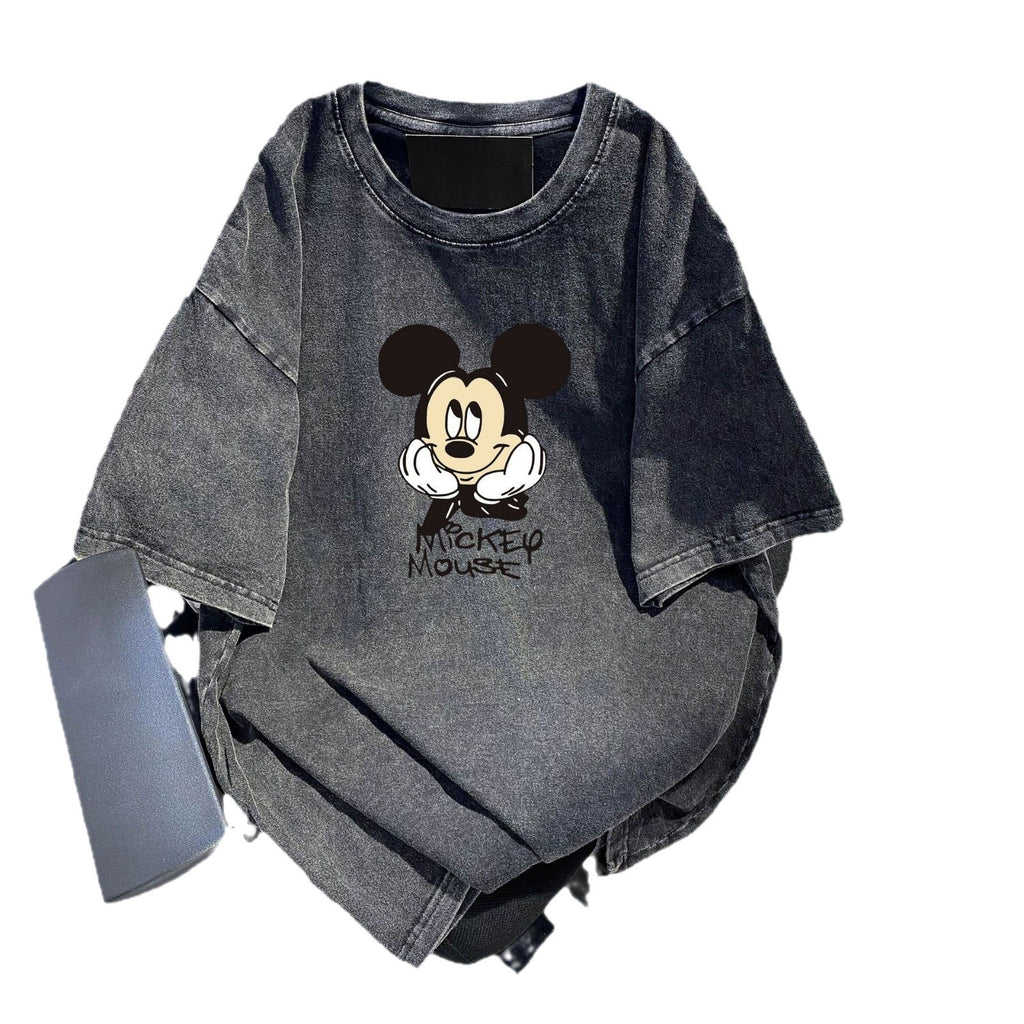 Black Cotton Round Neck Short Sleeve Printed T Shirt for Women Japanese Korean
