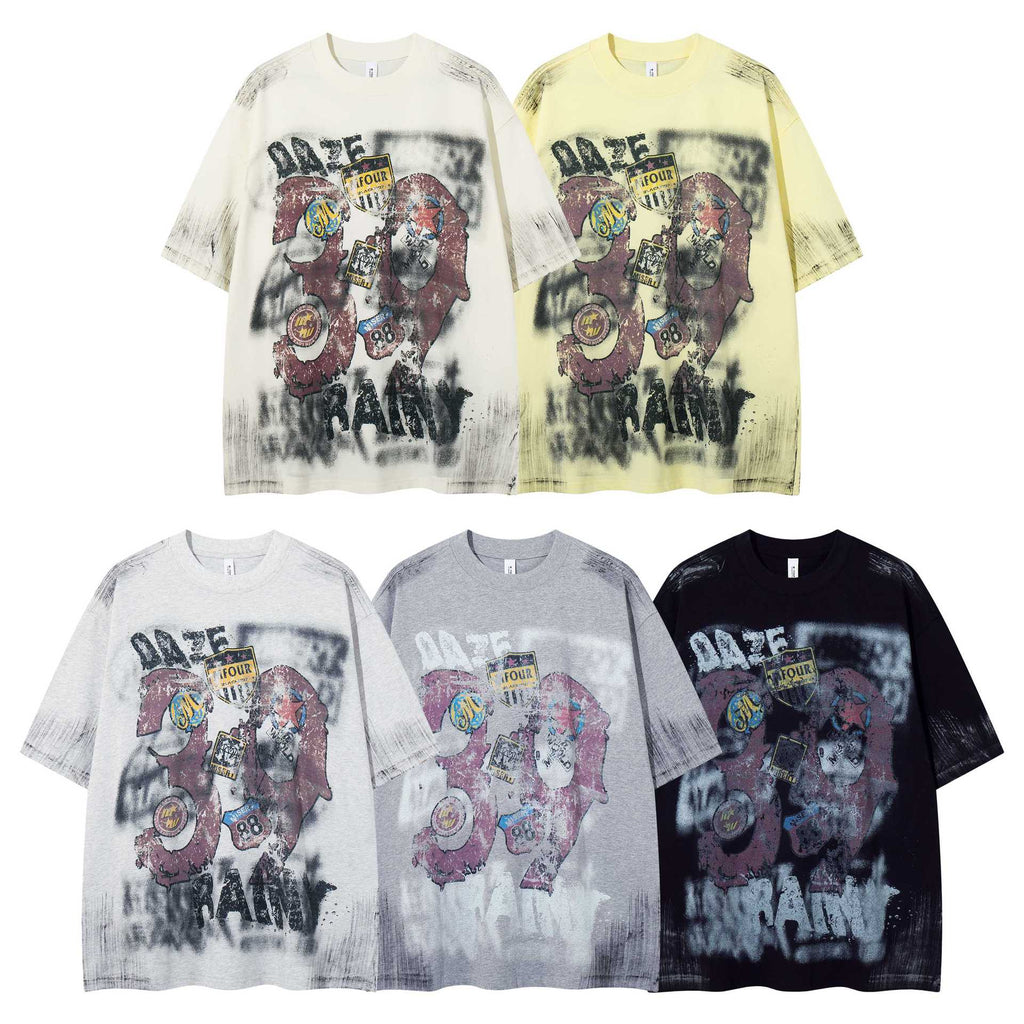 Vintage Graffiti Badge Short Sleeve Tee With Fragmented Flower Pattern