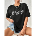 Butterfly Print Round Neck Cotton Unisex Casual T Shirt Black Loose Fit