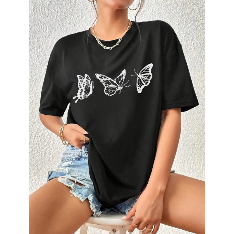 Butterfly Print Round Neck Cotton Unisex Casual T Shirt Black Loose Fit