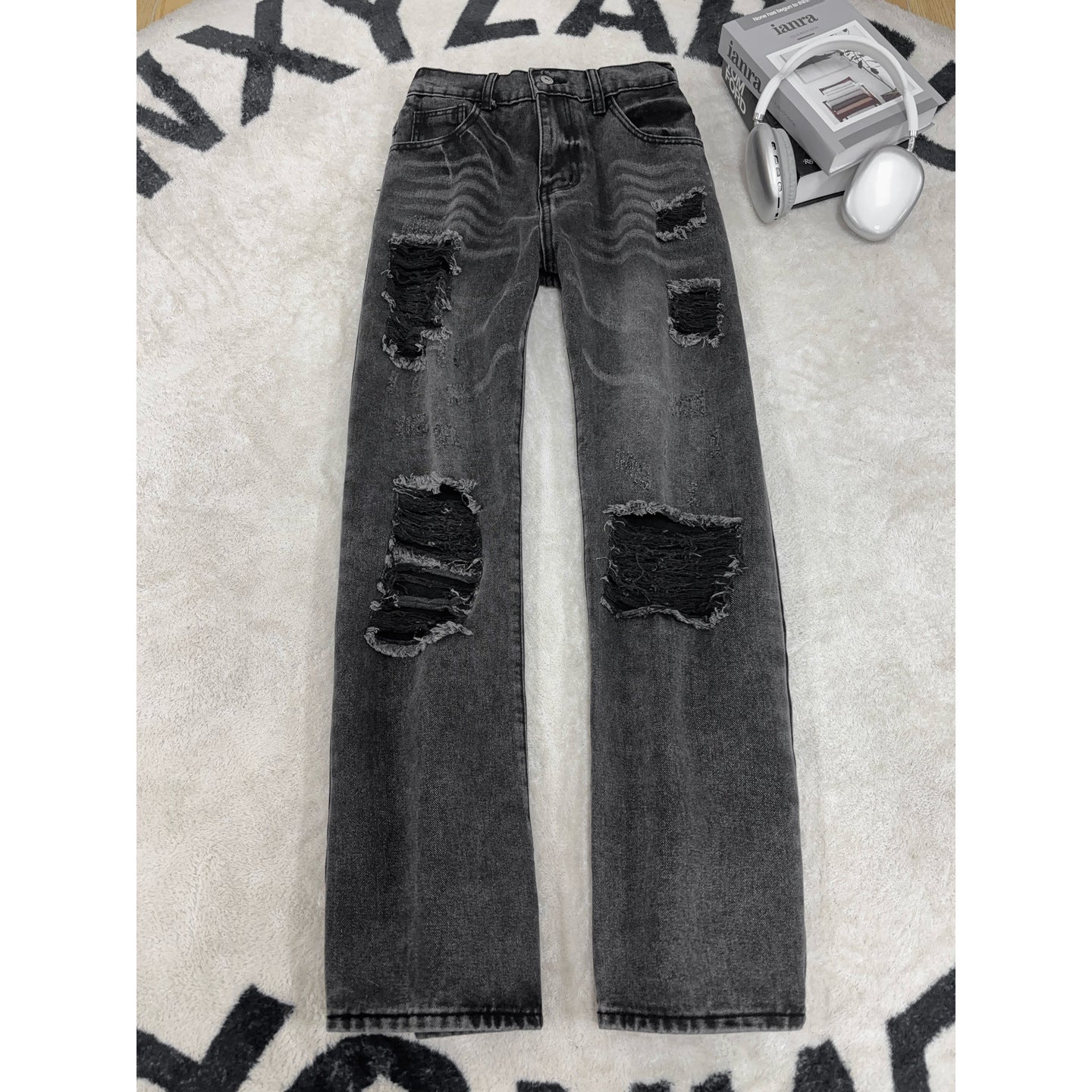 Mens Ripped Denim Pants Vintage Loose Wide Leg Long Trousers