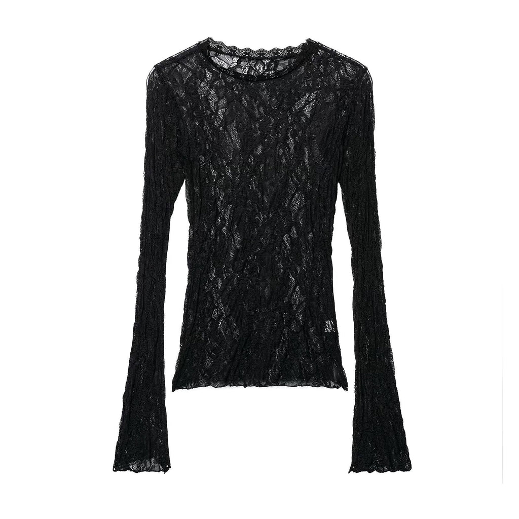 Slim Fit Lace Long Sleeve Top for Women Black Round Neck