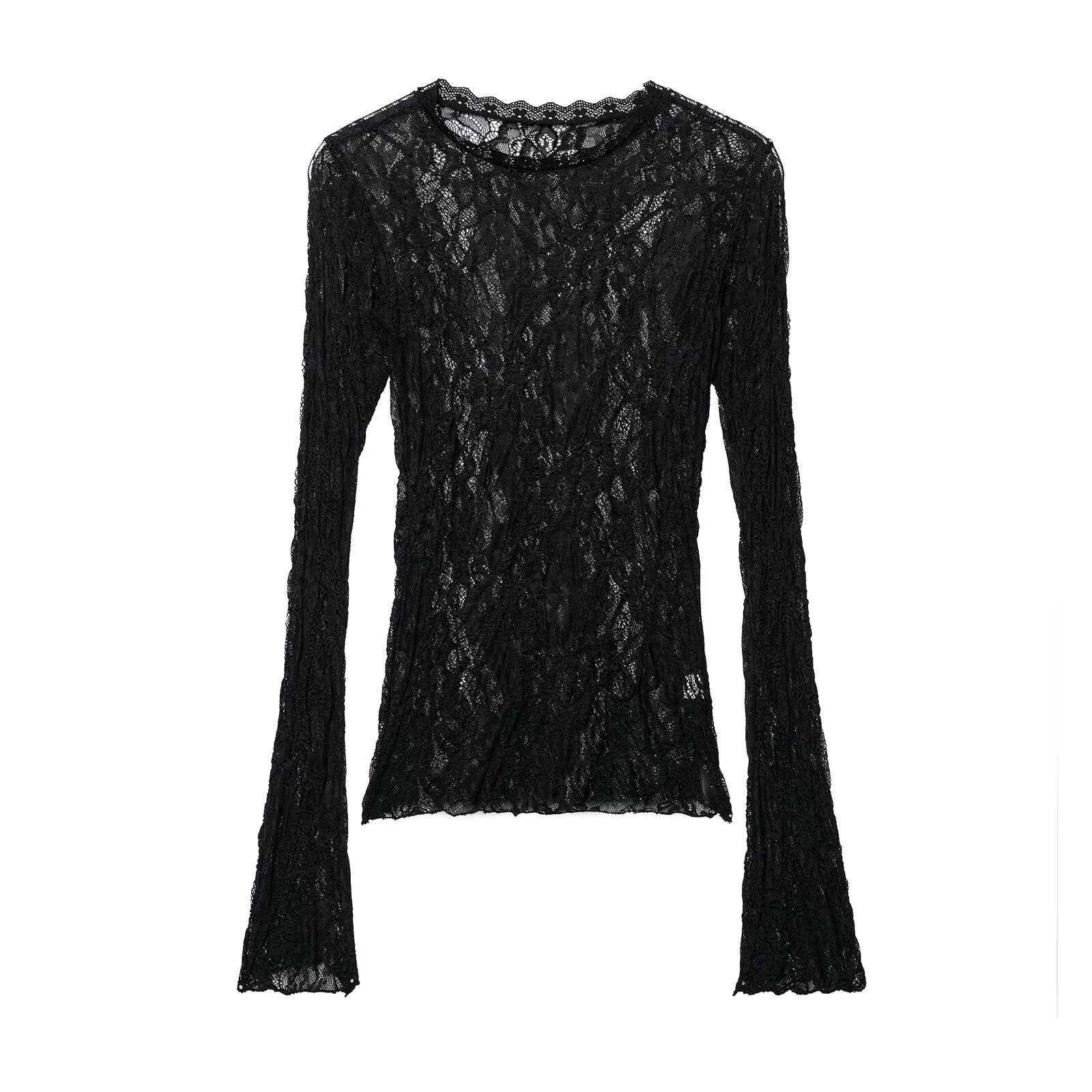 Slim Fit Lace Long Sleeve Top for Women Black Round Neck