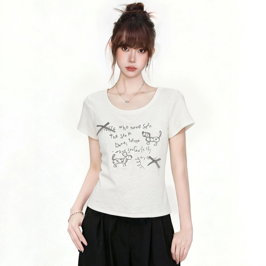 White Dachshund Embroidered T Shirt For Women Bow Detail Slim Fit