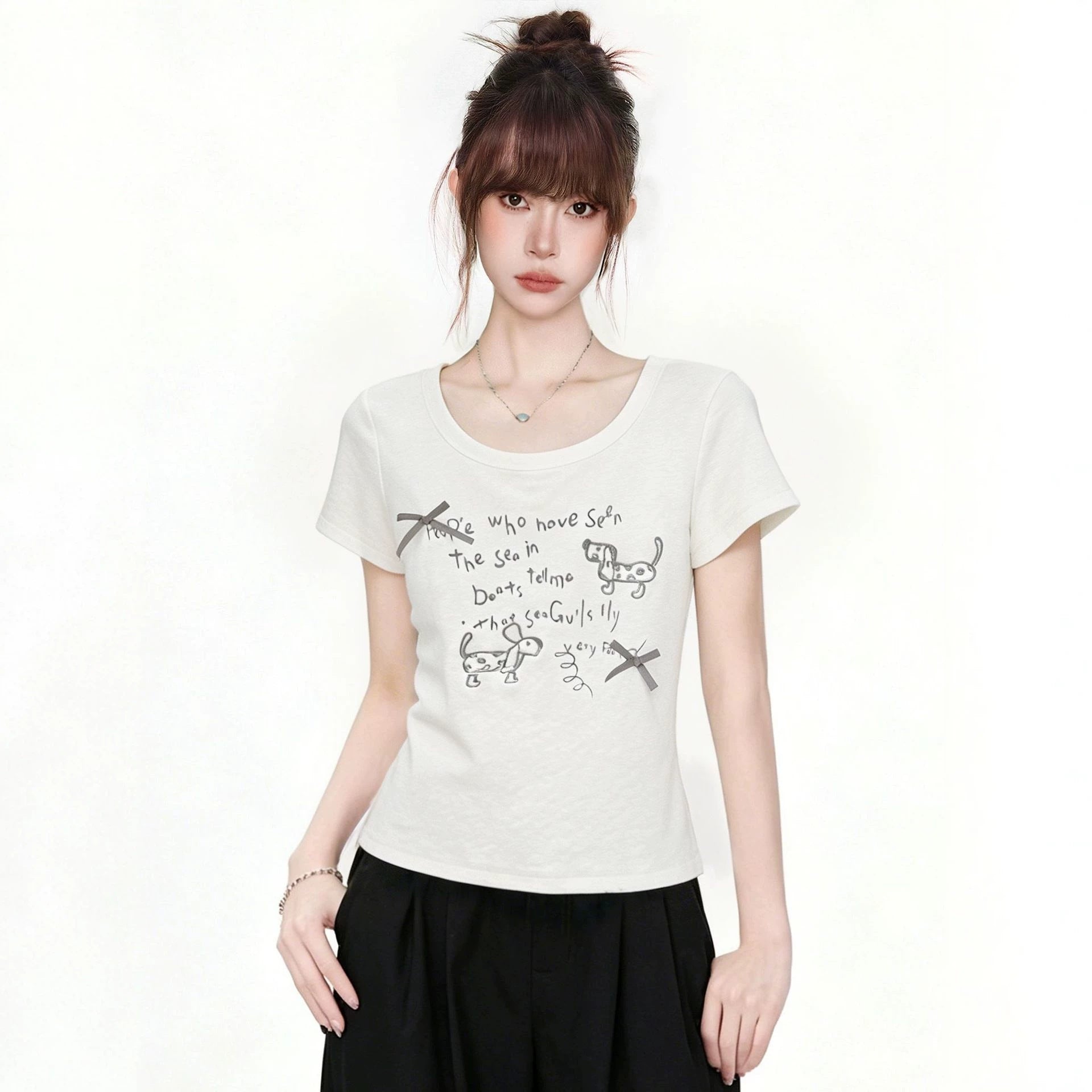 White Dachshund Embroidered T Shirt For Women Bow Detail Slim Fit